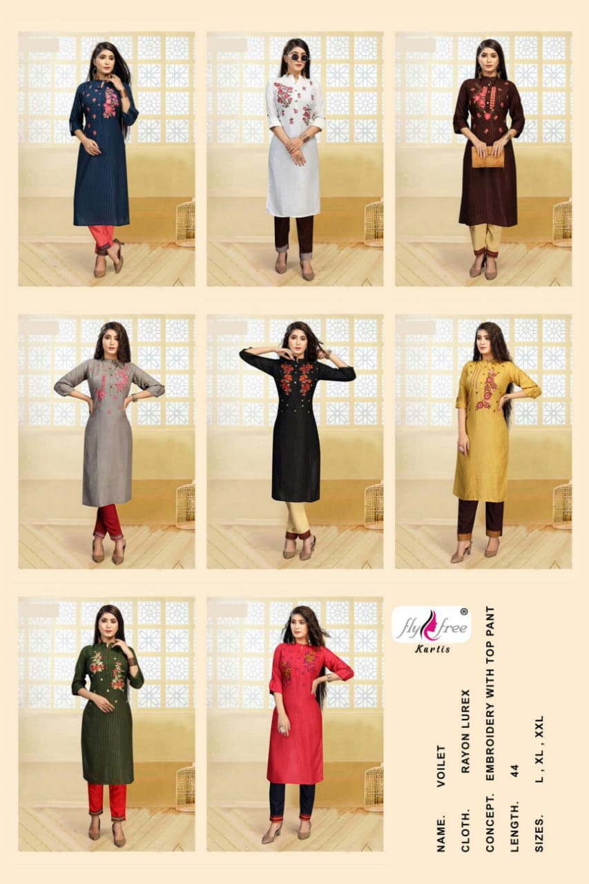 Fly Free Voilet 2 Heavy Rayon  Lurex With Embroideral Work Latest Fancy Designer Top With pant Collection